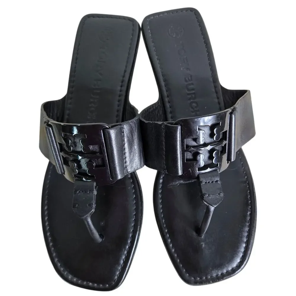 Tory Burch Georgia Sandal Black Thong Square Toe Flats Double T Logo Medallion 9